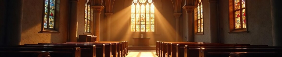 Sunlight Streams Through Stained Glass in a Serene Historic Church Sanctuary, Illuminating a Peaceful Atmosphere of Prayer and Faith