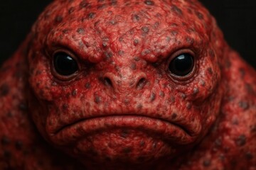 A close-up of a red frog with piercing eyes