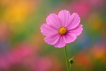 A solitary pink cosmos flower stands out against a vibrant backdrop of colorful flowers in full bloom, symbolizing beauty and resilience amidst the diversity of nature