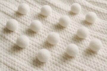 A close-up view of white spherical objects arranged in a grid pattern on a textured surface