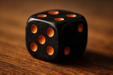 A solitary black dice with orange dots rests on a wooden surface, symbolizing chance and unpredictability