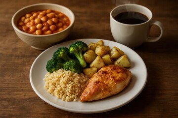 A hearty meal featuring grilled chicken paired with a side of couscous, accompanied by roasted potatoes and steamed broccoli, ready to be enjoyed