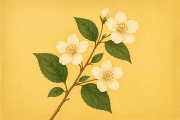 A delicate branch of white flowers adorns a golden backdrop, symbolizing tranquility and beauty