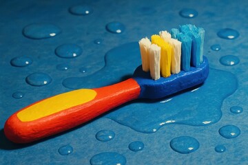 A vibrant toothbrush with blue bristles rests on a wet surface speckled with water droplets