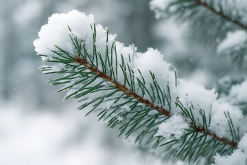 A pine branch adorned with fresh snow, capturing the serene beauty of a snowy landscape