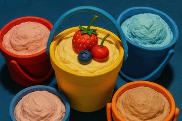 A vibrant display of colorful buckets filled with various ice cream flavors, each adorned with a playful fruit decoration on top