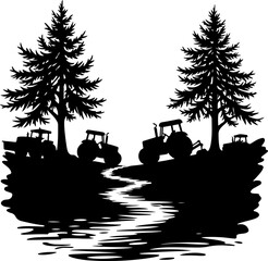 Fototapeta premium Tractor Convoy Silhouette with Forest Background vector bundle