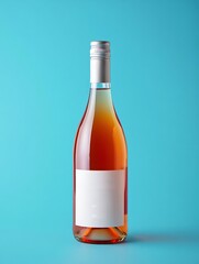 Rose wine bottle with blank label, isolated on blue background