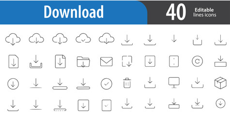 Download Line Icons, Arrow Down, File Download, Cloud Storage, Save Button, Folder Arrow, Editable Formats: AI, EPS, PNG, JPG, Ideal for Both Digital and Print Use
