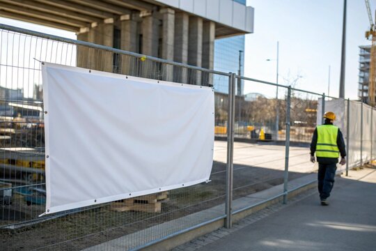 White blank construction banner on urban fence with worker in safety vest. Ideal for advertisement mockups, real estate development, and commercial outdoor marketing design projects.
