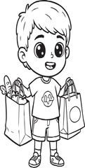 Happy Cartoon Boy Carrying Grocery Bags Line Art – Cute Shopping Kid Outline Illustration for Coloring, Education, Kids Activity, Market Scenes

