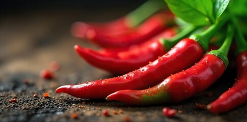 Vibrant red organic chili peppers, freshly harvested, glistening with dew, ready for cooking or pickling A healthy and flavorful ingredient for culinary creations , fresh, cooking