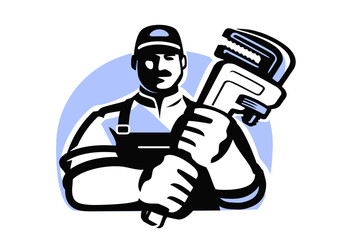 Repairman in cap and overalls holding adjustable wrench. Plumbing services emblem. Mechanic engineer, technician