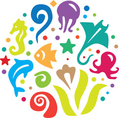 Fototapeta premium Sea animal icons with bright and simple colors