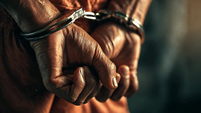 Male hands are bound in handcuffs, indicating an arrest made in a low lit environment, showcasing the tension of the situation