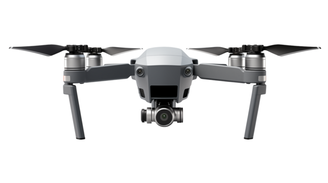 Sleek gray drone with camera showcased  isolated on transparent background for aerial cinematography.