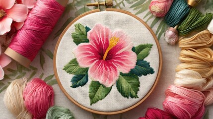 Embroidery hoop with floral design surrounded by colorful threads.