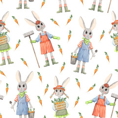 Watercolor pattern with gardening rabbits