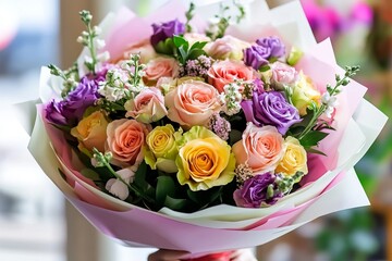 Colorful flower bouquet with mixed spring blossoms in bright wrapping for celebration and gifting