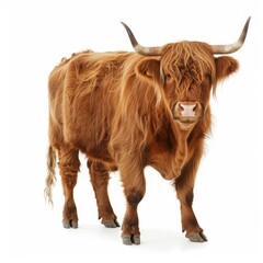 Studio shot of furry brown highland cow with long horns