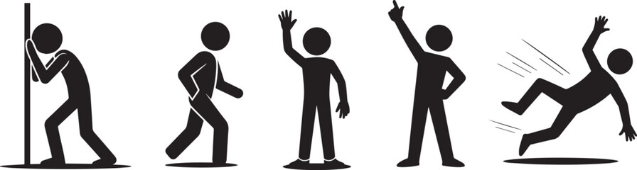 Stick figures show various actions isolated on white background