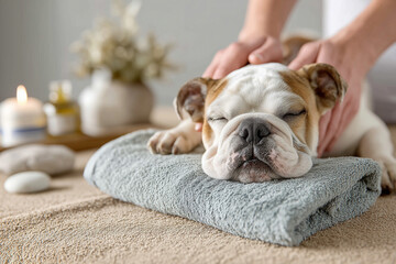 A bulldog enjoys a warm compress therapy session in a peaceful spa setting. Calm lighting and gentle ambiance convey wellness, self-care, and luxury pet pampering. Ideal for pet wellness or relaxation