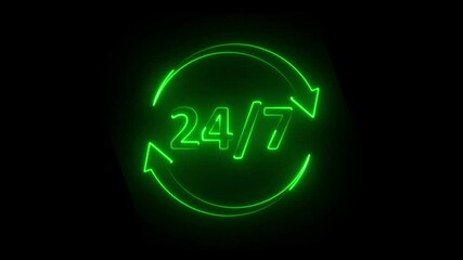 Glowing neon 24 hours 7 days in week order execution or service icons. Customer service icon animation .Emergency Customer Service 24-7 support around the clock.