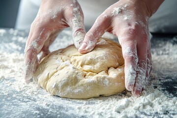 Hands kneading fresh dough on a floured surface, symbolizing homemade baking and traditional culinary craftsmanship