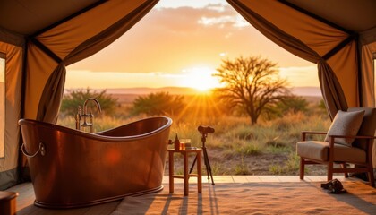 Luxurious outdoor bathtub with stunning sunset view in a serene safari tent location