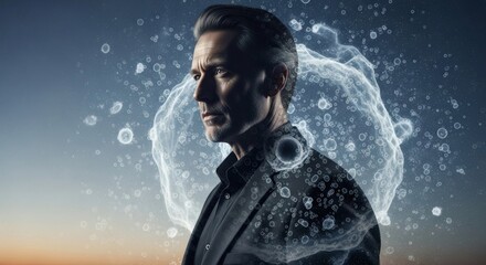 Thoughtful Man Surrounded by Abstract Data Sphere at Sunset