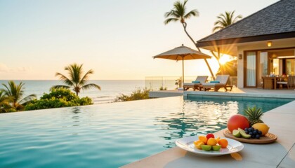 Luxurious poolside setting at sunset with fresh fruits and ocean view in tropical paradise