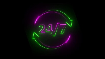 Glowing neon 24 hours 7 days in week order execution or service icons. Customer service icon animation .Emergency Customer Service 24-7 support around the clock.