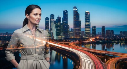 Ambitious Businesswoman in Modern Cityscape at Night