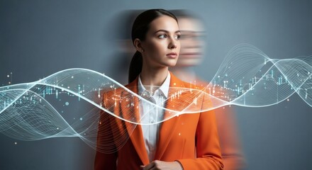 Thoughtful Woman with Abstract Data Waves, Digital Transformation Concept