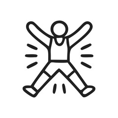Simple outline illustration of a person performing a jumping jack exercise.