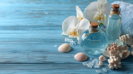 Blue and White Spa Products with flowers on Blue Wooden Background