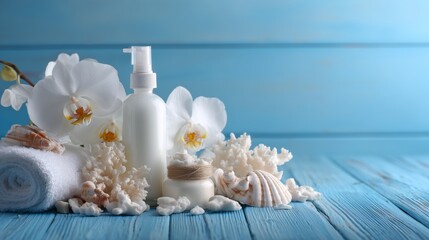 Blue and White Spa Products with flowers on Blue Wooden Background