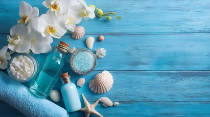 Blue and White Spa Products with flowers on Blue Wooden Background