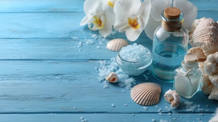 Blue and White Spa Products with flowers on Blue Wooden Background