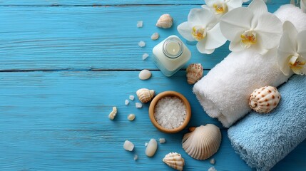 Blue and White Spa Products with flowers on Blue Wooden Background