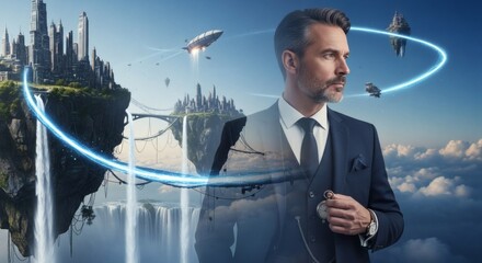 Futuristic Businessman in a Surreal Floating Cityscape