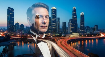 Confident Man Double Exposure Over Cityscape at Night