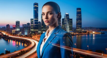 Confident Businesswoman in Modern Cityscape at Night