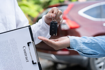 lease, rental car, sell, buy. Dealership send contract and car keys to new owner to sign. Sales,...