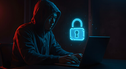 Cyber Intrusion: Hacker at Work with Security Lock