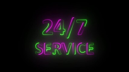 Glowing neon 24 hours 7 days in week order execution or service icons. Customer service icon animation .Emergency Customer Service 24-7 support around the clock.