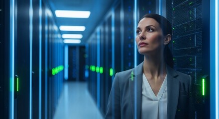 Thoughtful Woman in Modern Data Center Server Room