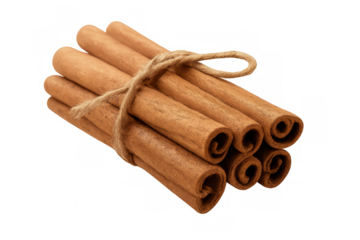 Close-up of dried cinnamon sticks bundled together with twine, isolated on a transparent background, ready for culinary or aromatic use