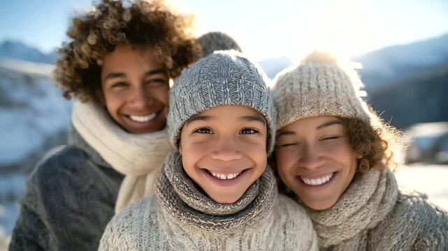 Family portrait in cozy scarves and hats, standing on snowy hilltop with sun shining behind, bright smiles and flushed cheeks from cold, capturing love and happiness shared in wint