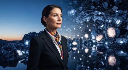 Confident Businesswoman Against Abstract Cosmic Background